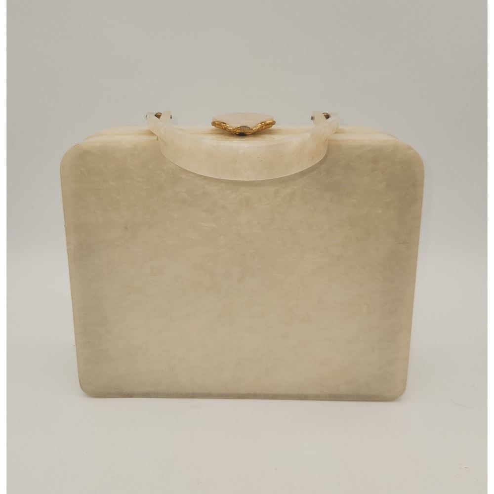 Vintage Wilardy Pearl Lucite Box Purse MCM Cream Marbled Handbag Moire Lining